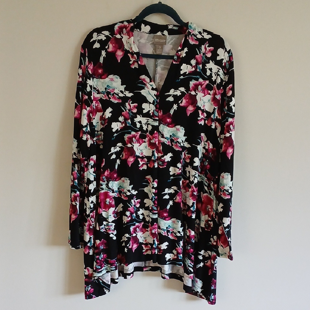 Chico's Floral Black and Pink Women's Top Size 3 Asymetrical hem